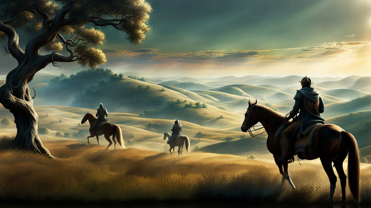 An endless steppe. hills to the right. The hills is densely covered in ancient white oaks. a distant band of riders on beautiful horses. fantasy concept art, exquisite realism, a masterpiece, dynamic lighting, hyperdetailed, intricately detailed, deep color, Unreal Engine, volumetric lighting , Epic cinematic brilliant stunning intricate meticulously detailed dramatic atmospheric maximal,