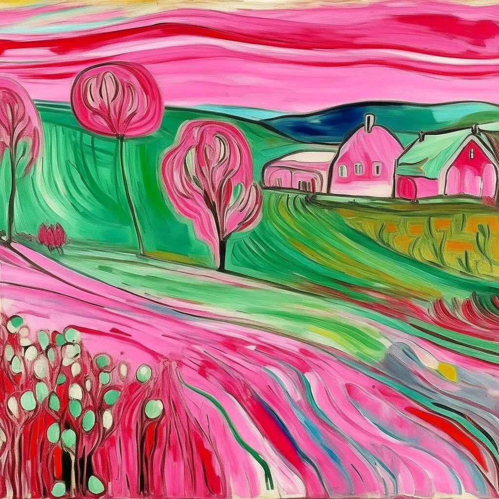 A pink farmland with magical crystals painted by Edvard Munch