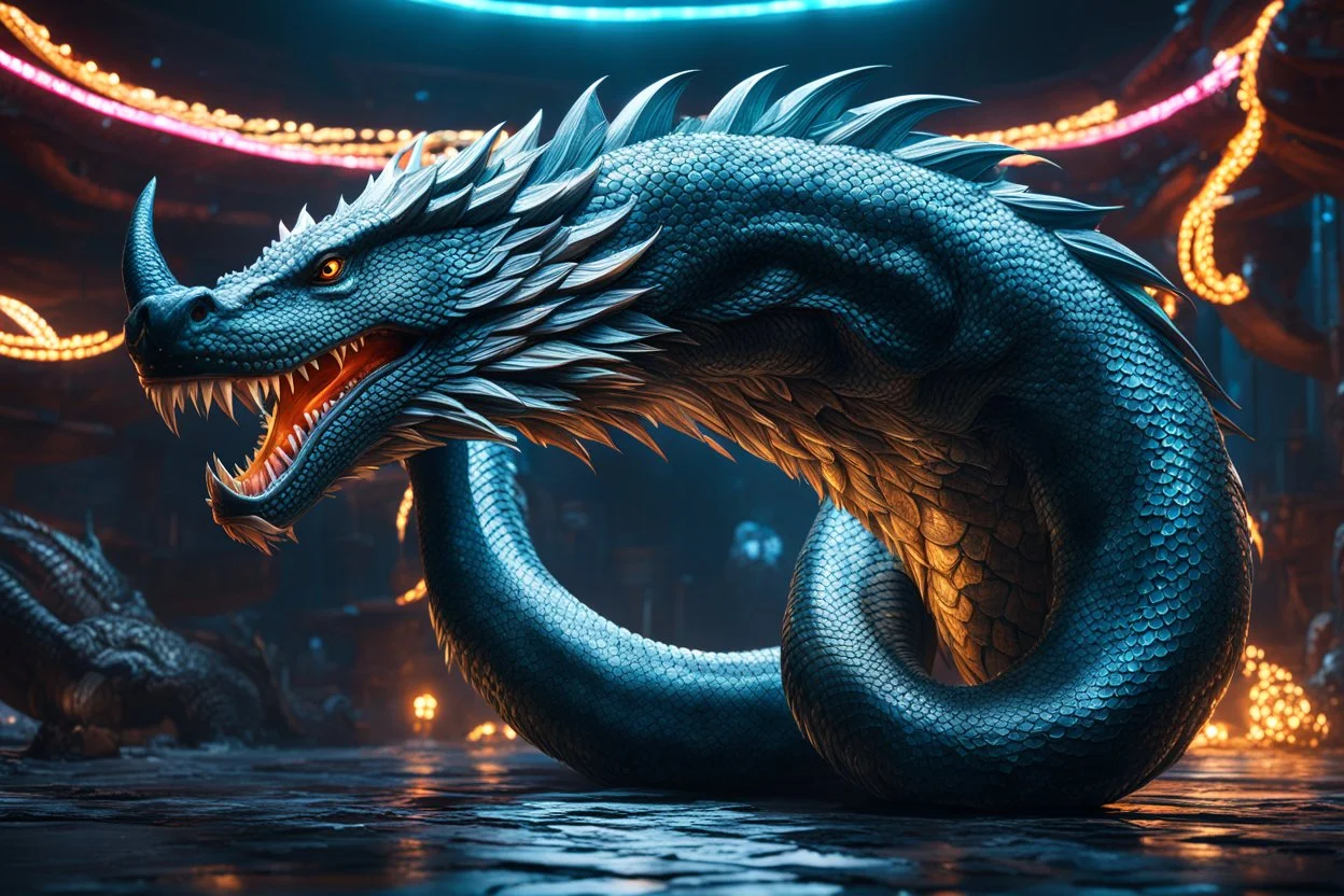 Jörmungandr in 8k cgi game artstyle, dynamic pose, oshare kei, hurufiyya, rtx , neon lights, intricate details, highly detailed, high details, detailed portrait, masterpiece,ultra detailed, ultra quality