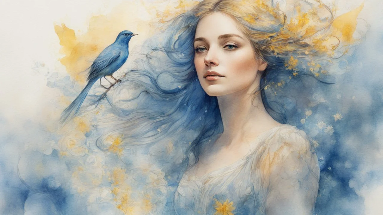 Victorian era, watercolor drawing, double exposure, fine rendering, portrait of a beautiful woman 30 years old, airy transparent dress, double exposure, bird, fantasy, blue, yellow, flowing hair, highlights, sparkles, clear lines, detail, fine drawing, high resolution , 8K, photorealism, precise focus,