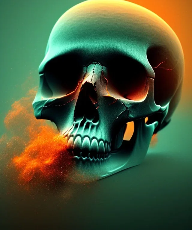 broken realistic skull. black background. smoke and explode. particles in air. teal and orange. abstract. beksinski.