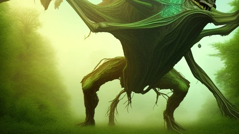 giant humanoid alien emerging from the forest into the plain