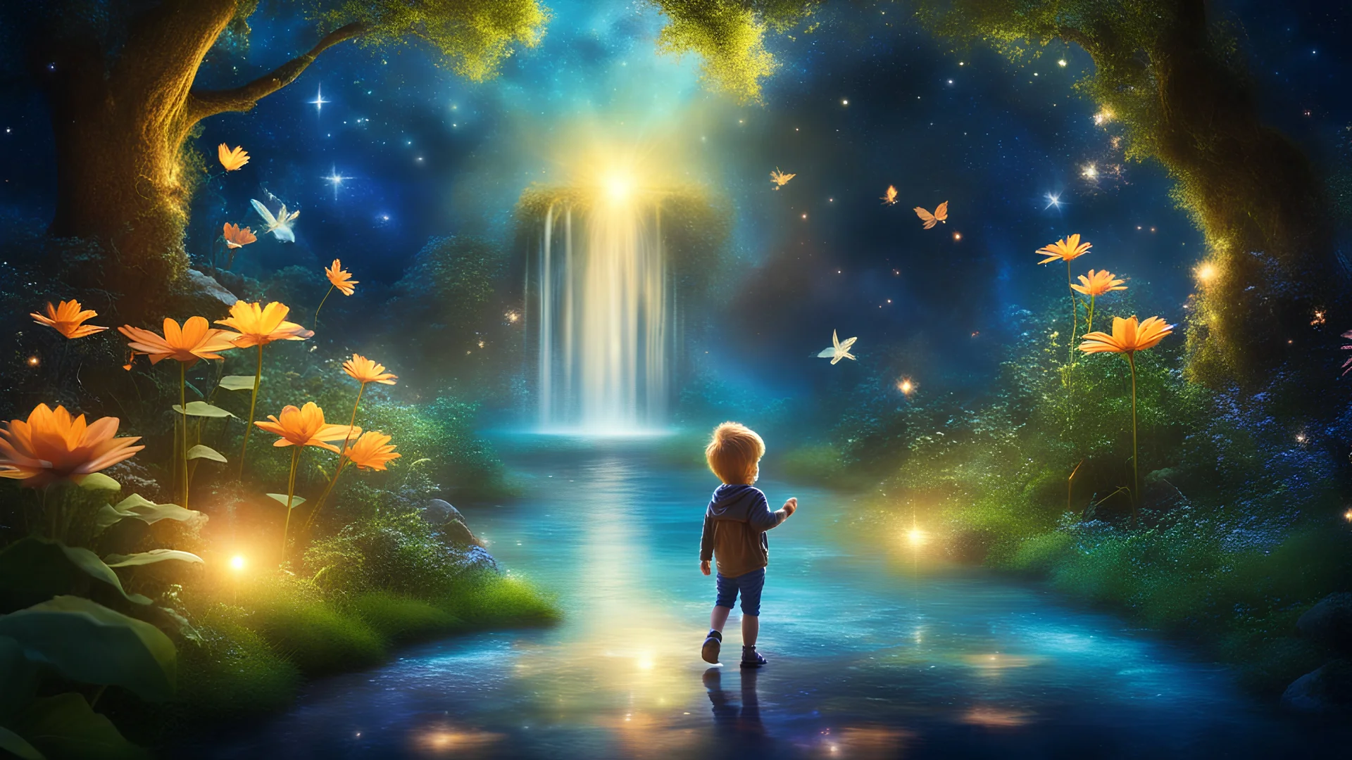 Un beau petit garçon erre dans son monde imaginaire enchanté, Parmi les merveilles, qu'il adore explorer. Nuit enchantée, plantes magiques, fontaines de lumière, lucioles dansantes, fées lumineuses. Ses rêves sont vastes, pleins de beauté, Chaque instant est un nouveau bonheur. Dans son univers, tout est merveilleux, Un monde imaginaire, tendre et lumineux. Bel éclairage, composition attrayante, photoréaliste, extrêmement détaillée, clair-obscur, règle des tiers.