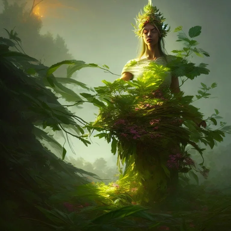 a beautiful portrait of a plant goddess with closed eyes by Greg Rutkowski and Raymond Swanland, Trending on Artstation, ultra realistic digital art