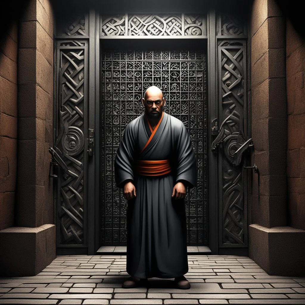 a gangsta monk in the realm of falsehoods: what shall you do, oh mischievous ones, when the fabrications come knocking at your door? When they emerge from the shadows, how will you respond? A 3D abstract masterpiece in the form of a jail artistry.