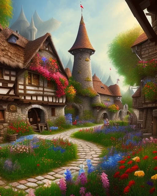 medieval fantasy village with flowers rpg art painterly