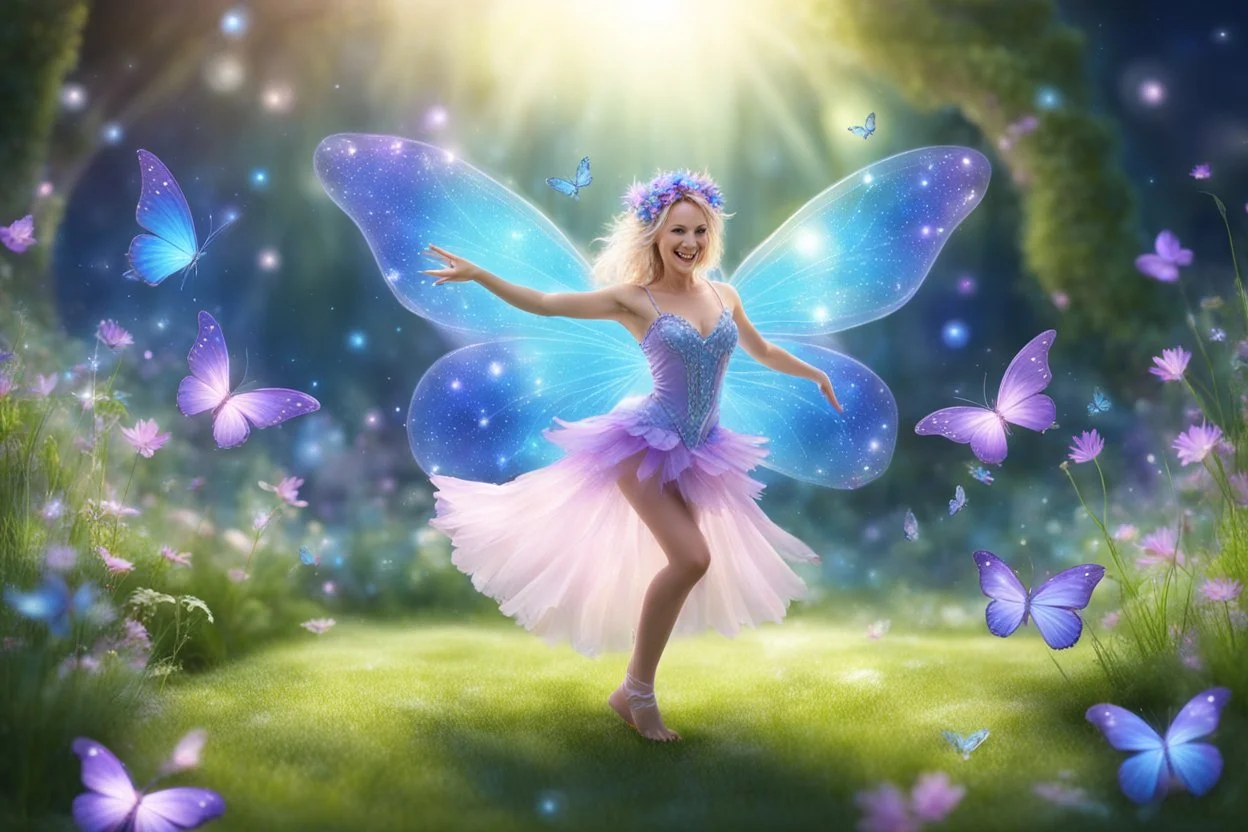 a cosmic beautiful smiling fairy dancer dancing in a magical lawn with a crystal creek and fairy butterfly
