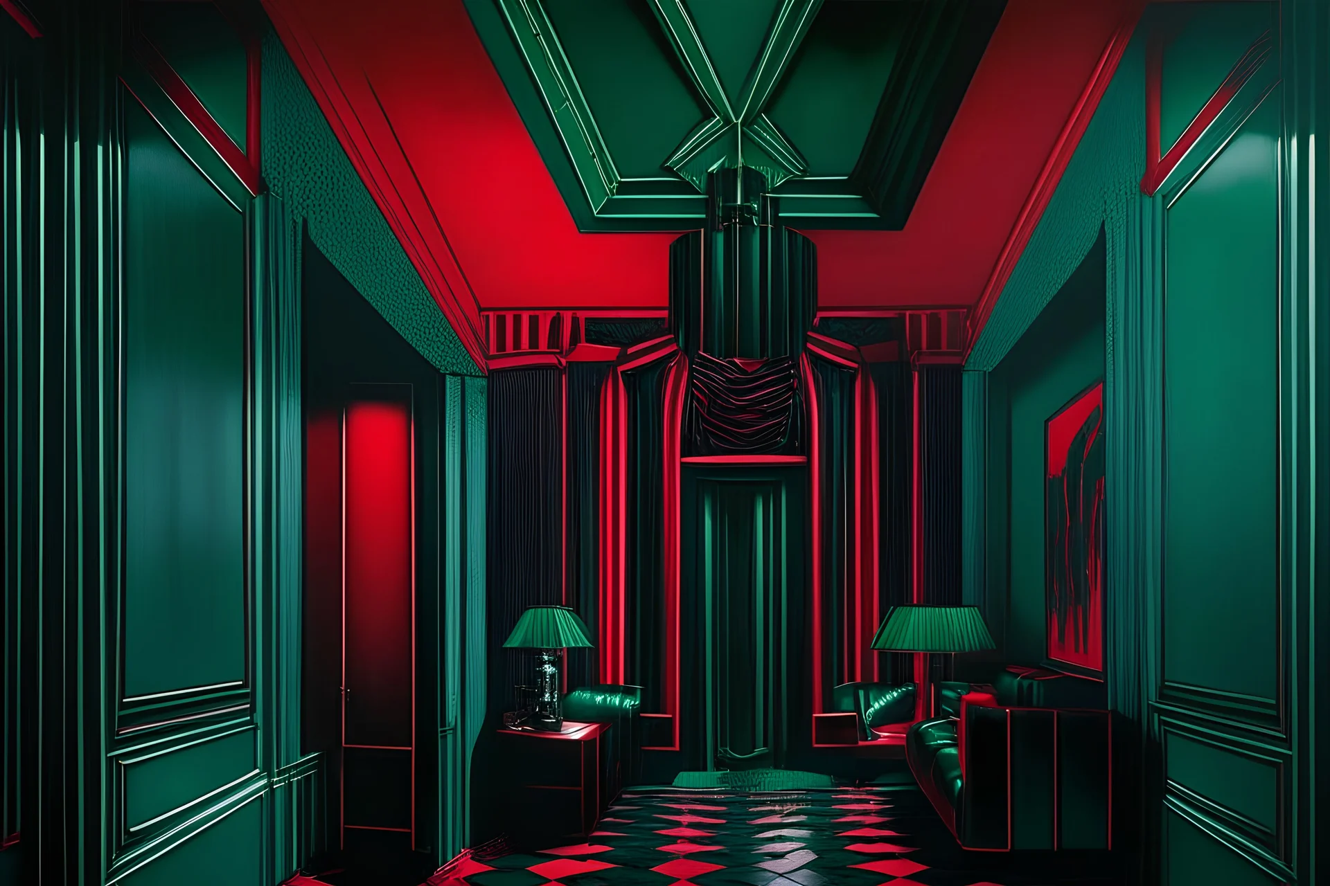 dark Emerald and red art deco inspired new york city vampire apartment in the 1980s
