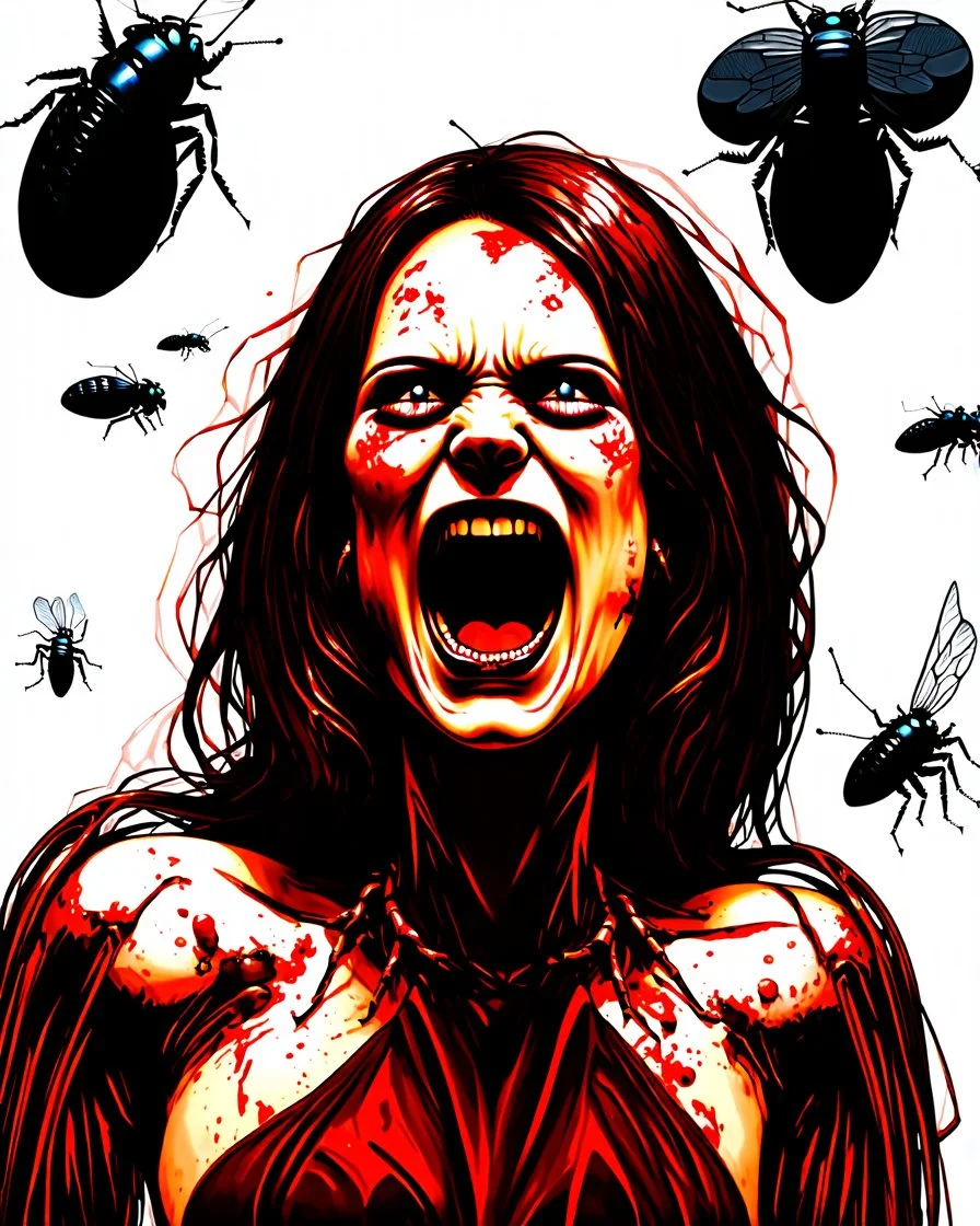 horror, swarming mechanical robotic insects, screaming woman, pain, decay
