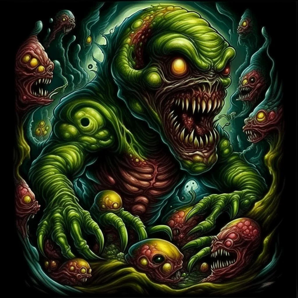 High_Quality_Art Digital Painting of Horror Monster creature genetic experiment by Richard Corben, Todd Schorr, T-Shirt Design, Black Background,