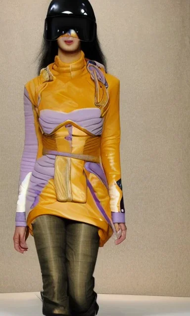 Model catwalk, asa akira. Camouflage colors are terracotta, cream and purple, lilac and Cream latex, Unmellow yellow! European daft punk woman. Mantle is sewed of recycled Denim and sewed together of recycled polymer felt. Yellow(Munsell) areas. hint of orange as effect color!!Big bright purple/khaki felt tippet and cream or blue or lilac colored-hood. mantle is merged with satchel. . AKG-style headphones (gold rings!) is merged with small felt cap with small visor. Style: Haute Couture in 90's