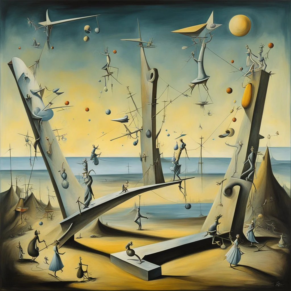 the long ladies dominate the teeter totter, surrealism, by Yves Tanguy and salvador Dali, by Rozi Demant, oil on canvas, long brush strokes, gestalt, darkly lit tableaux where figures mysteriously interact, magical realism peopled with idiosyncratic elements