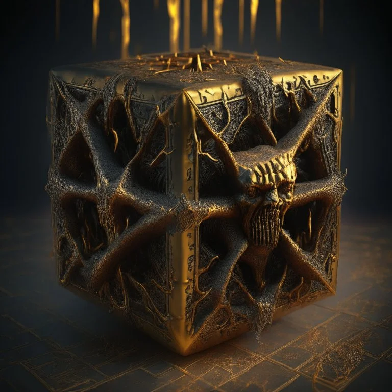 hellraiser cube of demons,movies, digital painting ,8k, digital art, award winning, octane render, 4K, 3D, Unreal Engine 5 , gold and black colours,hypperealistic,