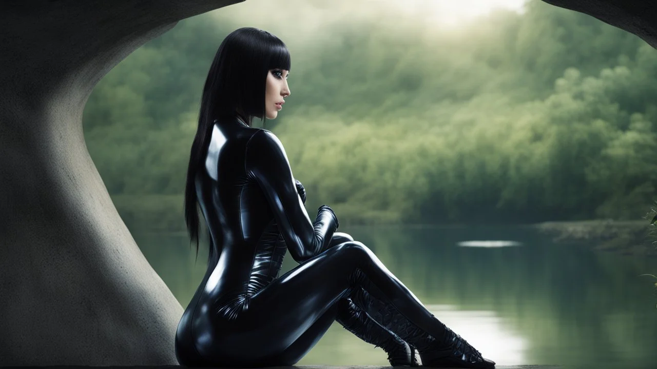 fantasy photo of a woman in an android looking catsuit, with black hair, sitting on a ledge over a pond, wearing an android-looking catsuit, sideways, with a planet behind her