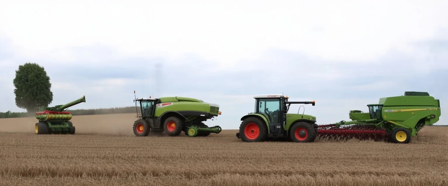 Parked at the edge of a field is a Claas brand Combine(left)seeder(middle) and a John Deere Tractor with seeder(right) simplified