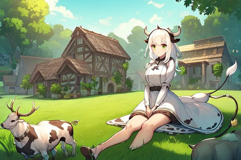 Farm, green grass, house, girl,white hair , sit on grass, cow's tail, cow's horne , cow's under