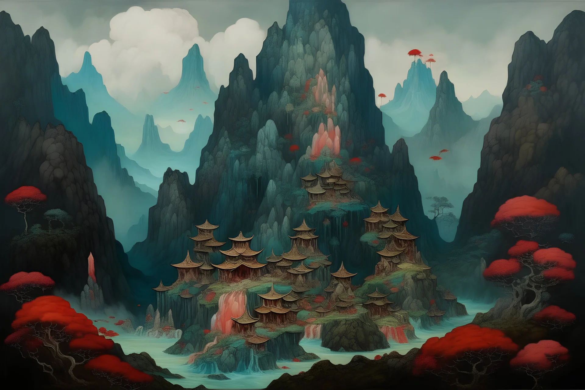 A mountain filled with nightmares painted by Qiu Ying