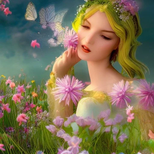  Beautiful and bright fairy of spring,delicate flowers, knees up portrait, butterfly, fantastical, intricate detail, splash screen, complementary colors, fantasy concept art, 8k resolution, Unreal Engine 5"