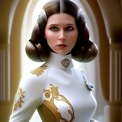 pltn style, beautiful photorealistic princess leia, hazel iris, tall, slender, long hair, smooth, flawless skin, deep, mysterious eyes, white and gold gown, intricate beading, sparkling jewels, diamonds, rubies, regal, dignified, graceful, fluid, ethereal quality, light steps, roses, jasmine scent, shimmering light, spirit, hope, joy, mortal, extraordinary beauty, charm, mystery, legend, fascination, cute big circular reflective eyes, Pixar render, unreal engine cinematic smooth, intricate