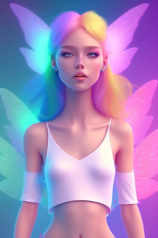 smiling girl, cute, beautiful, long hair, rainbows, fairy wings, light pastel colors, bright