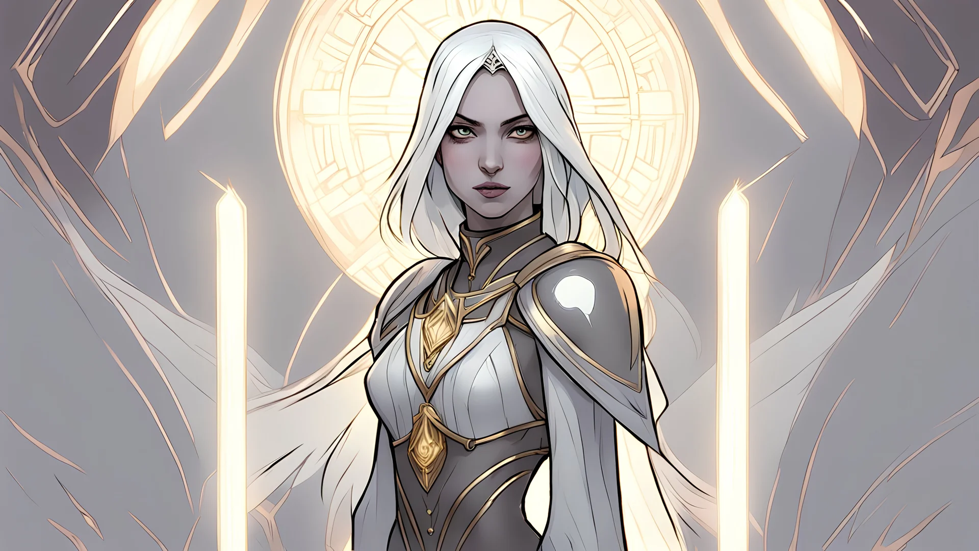 Generate a dungeons and dragons character portrait of the face of a female cleric of peace aasimar that looks like a drow blessed by the goddess Selune. She has black hair and glowing eyes and is surrounded by holy light