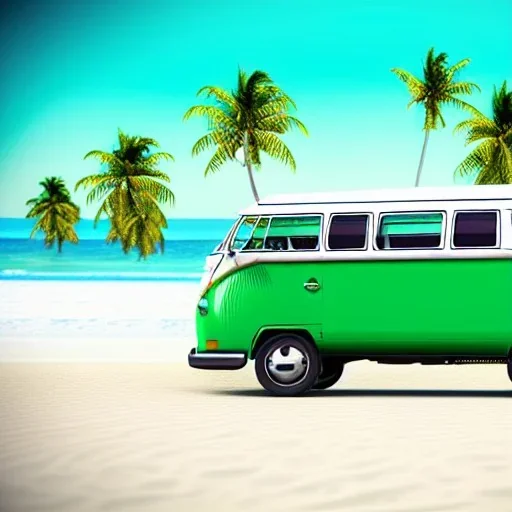 old Volkswagen partyvan, green color van, funny colored, partyvan on the beach, sunny beach, sunny weather, beach party, party people, party, realistic, ultra high quality, unreal engine, cinematic, surfing, palms, palm beach, beach, sandy, professional photography, ultra resolution