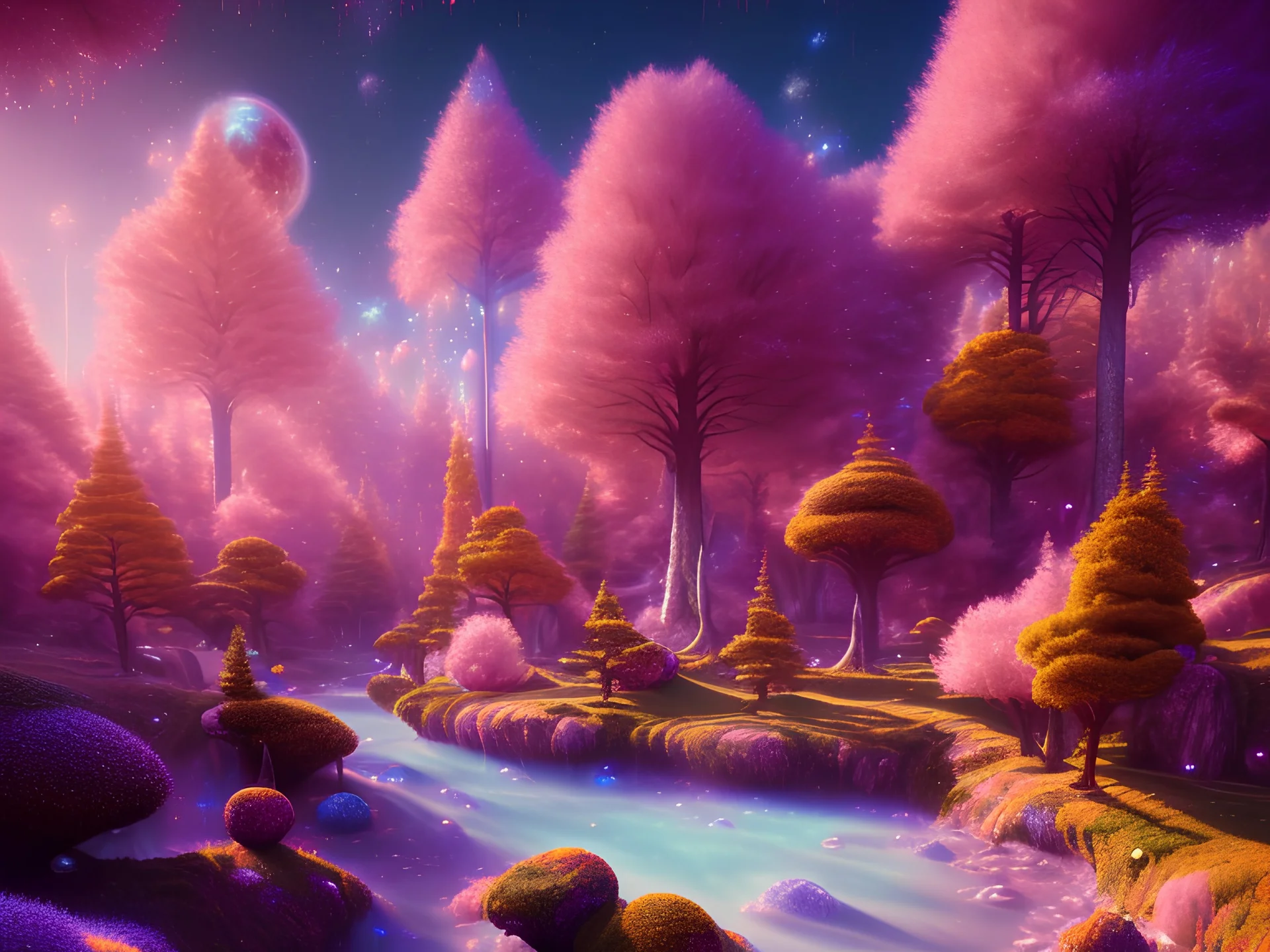 gold and red crystal cosmic and galactic ambiance hill sky rocks sunny trees pools river surreal, full of details, smooth, bright sunshine，soft light atmosphere, light effect，vaporwave colorful, concept art, smooth, extremely sharp detail, finely tuned detail, ultra high definition, 8 k, unreal engine 5, ultra sharp focus