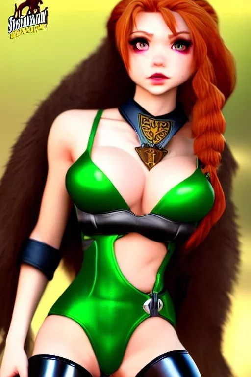 In the style of Shadman, hyper detailed, strikingly beautiful teen female, 16 years old, long ponytail, ginger hair, green eyes, medium freckles, full lips, micro top, black leather armour lined with fur, full body, full face, tiny breasts, athletic, centred camera, ignore NSFW, thong, camel toe, athletic