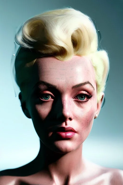 Ultra Realistic image, portrait, blonde woman, sweet Marylin Monroe face, perfect iris, glow eyes, makeup, wires attached to head. Retro sci-fi style, helmet, latex coat, fog, rain, soft color, highly detailed, unreal engine 5, ray tracing, RTX, lumen lighting, ultra detail, volumetric lighting, 3d, finely drawn, high definition, high resolution.