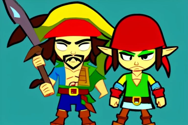 Cartoony and muscular Captain Jack Sparrow, Legend Of Zelda: Wind Waker style, stylized, colorful, adventurous.