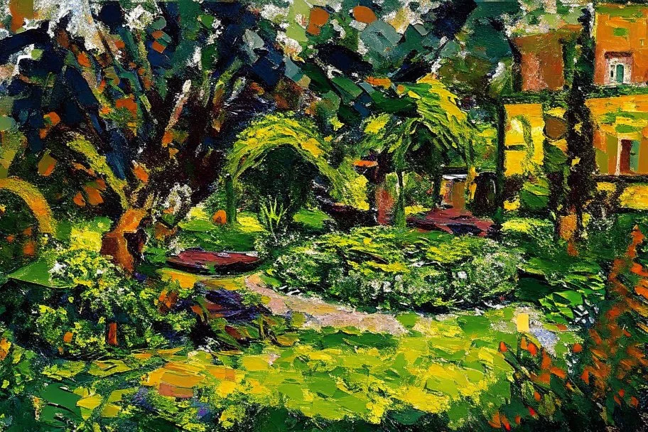 English garden in the style of frank auerbach