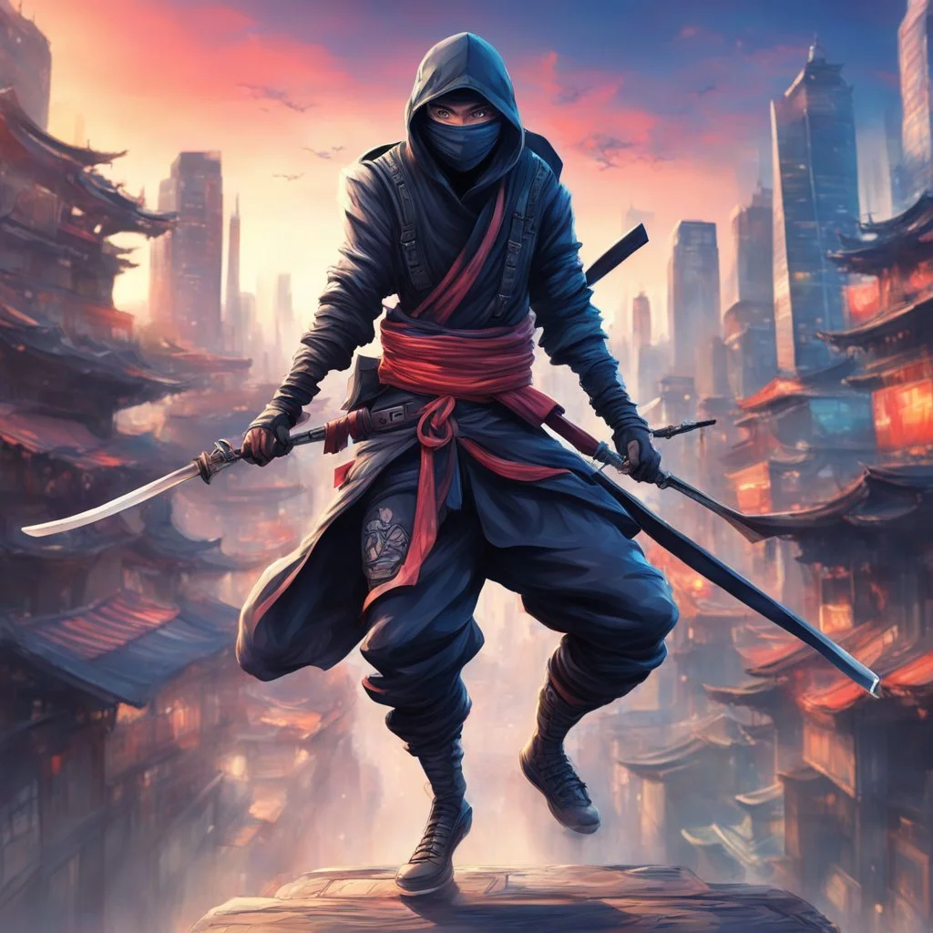 Hermoso dibujo coloreado de un Ninja, obra de arte, calidad ultra, maximalista, full body, 12k 3D, fondo de ciudad