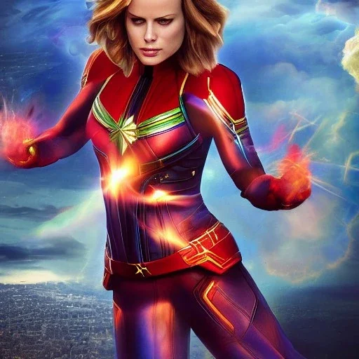 Captain Marvel,flying in the sky, hair on fire, busty, realistic, vibrant colors, Kate beckinsale's face, long hair, gold angel wings