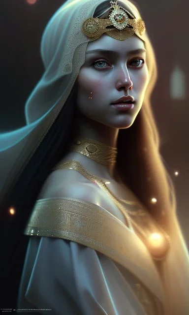 Arab princess She wears a veil , cute, beautiful, long hair, wavy hair, black eyes, head and shoulders portrait, cinematic, 8k, resolution concept art portrait by Greg Rutkowski, Artgerm, WLOP, Alphonse Mucha dynamic lighting hyperdetailed intricately detailed