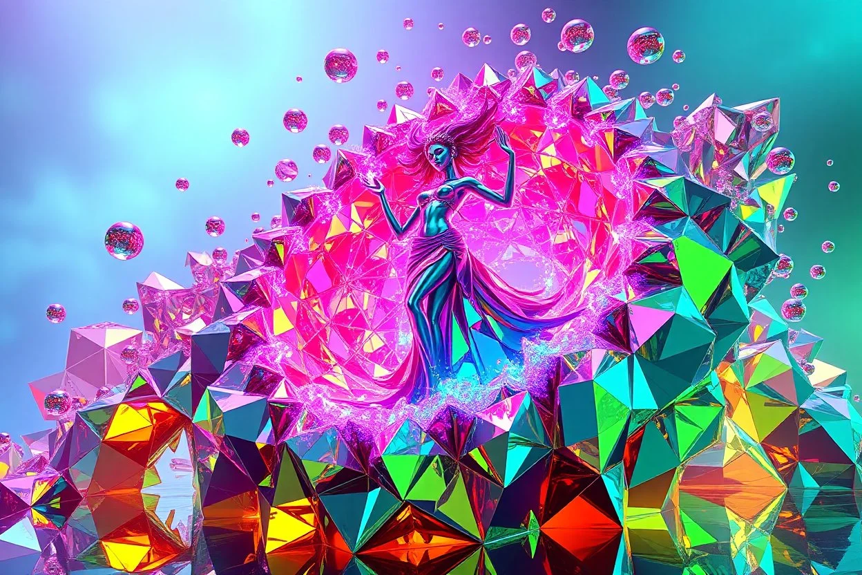 very complex CIFY structure ,pretty viberating color environment 3d metalic and crystal recursive evolving and animating beveled geometric base very complex CIFY structure emiting bubbles that broke, goddess of love in a pretty modern dress comes out dancing fast hip hop, viberating color moving very in modern city escap environment while camera tracking it.write in down screen 3d animating"Made in PixVerse By:J.Babakan"
