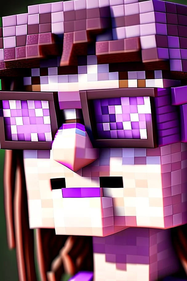 a close-up portrait of a purple Minecraft face, female, sunglasses,cute,3d, large pixel style