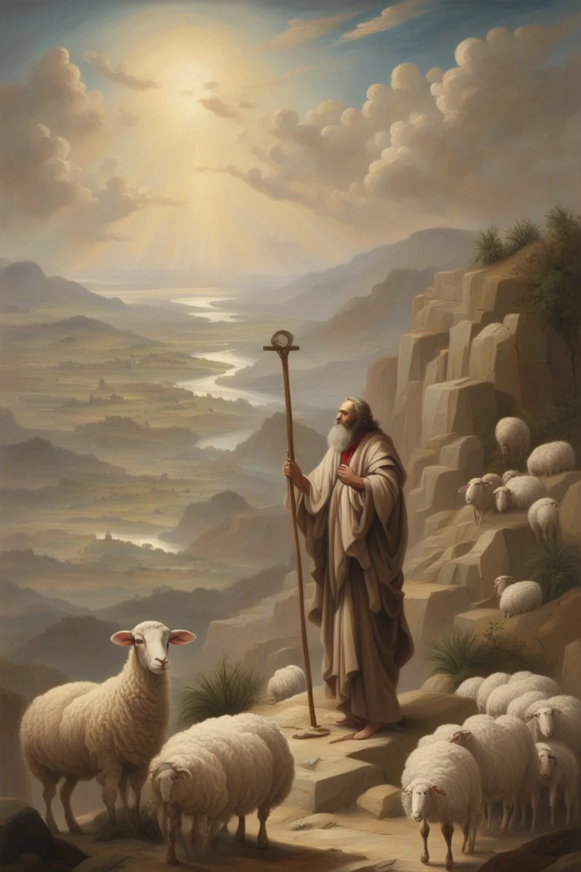 Moses stands on a mountain and holds a crooked wooden staff. Next to HIM ARE SEVERAL SHEEP, at HIS feet are stone tablets on which the ten commandments of God are written, and below is a valley with cities of Palestine where milk and honey flow. sand, palm trees and mountains. There is a silhouette of God in the sky. Everything is painted in oil painting with high-quality drawing of details