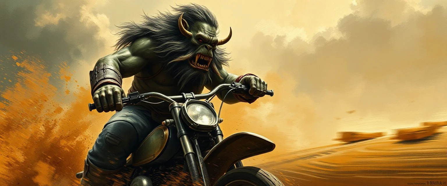 portrait of orc, mega blasting fast, so freaking fast, faster than a greased muscle shiny cowboy disco funk fusion fluffy man gremlin monkey pig on a runaway mud black veteran buss truck jumping over the cliff . speed and energy, painted by Rembrandt and fallout 4, straight down a muddy slide, beside an orc motorcyclist
