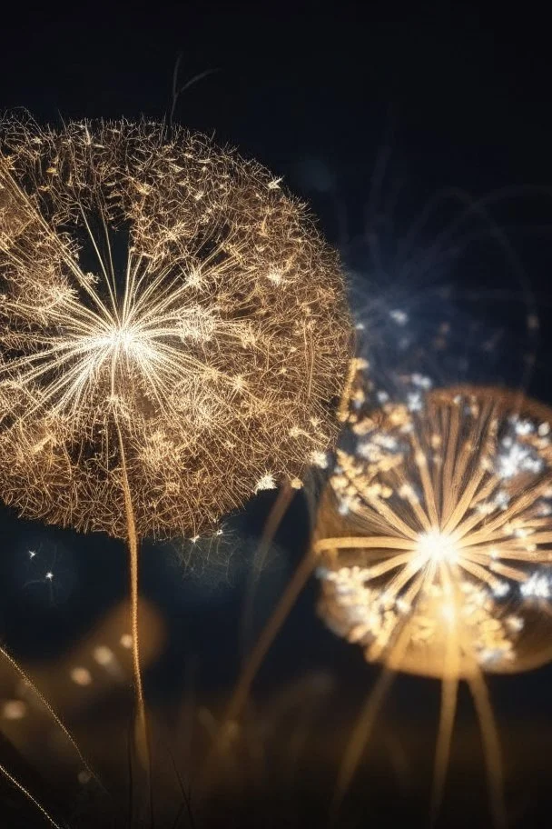 Dandelions glowing like fireworks in the sparkling summer night