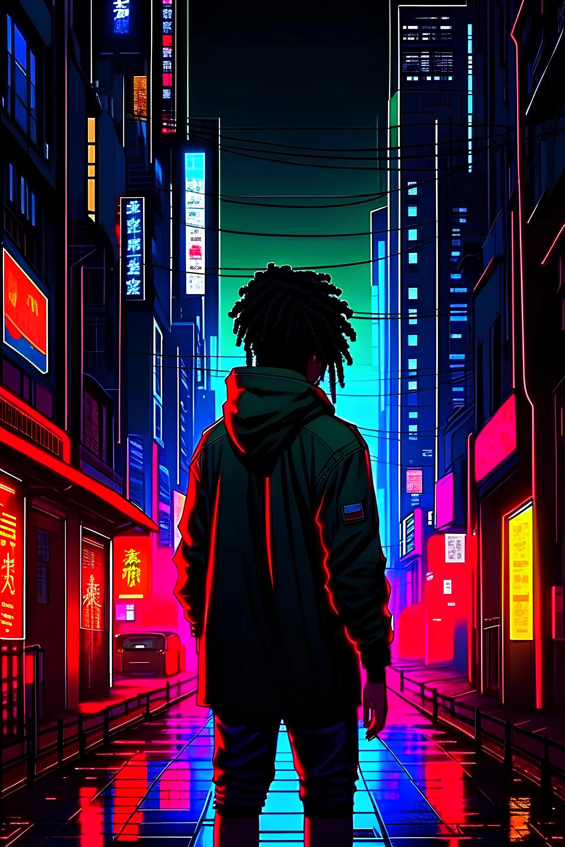 African city, sci fi, street view, afro futurism, cyberpunk elements, night time, male character in a hood with his back to the camera,