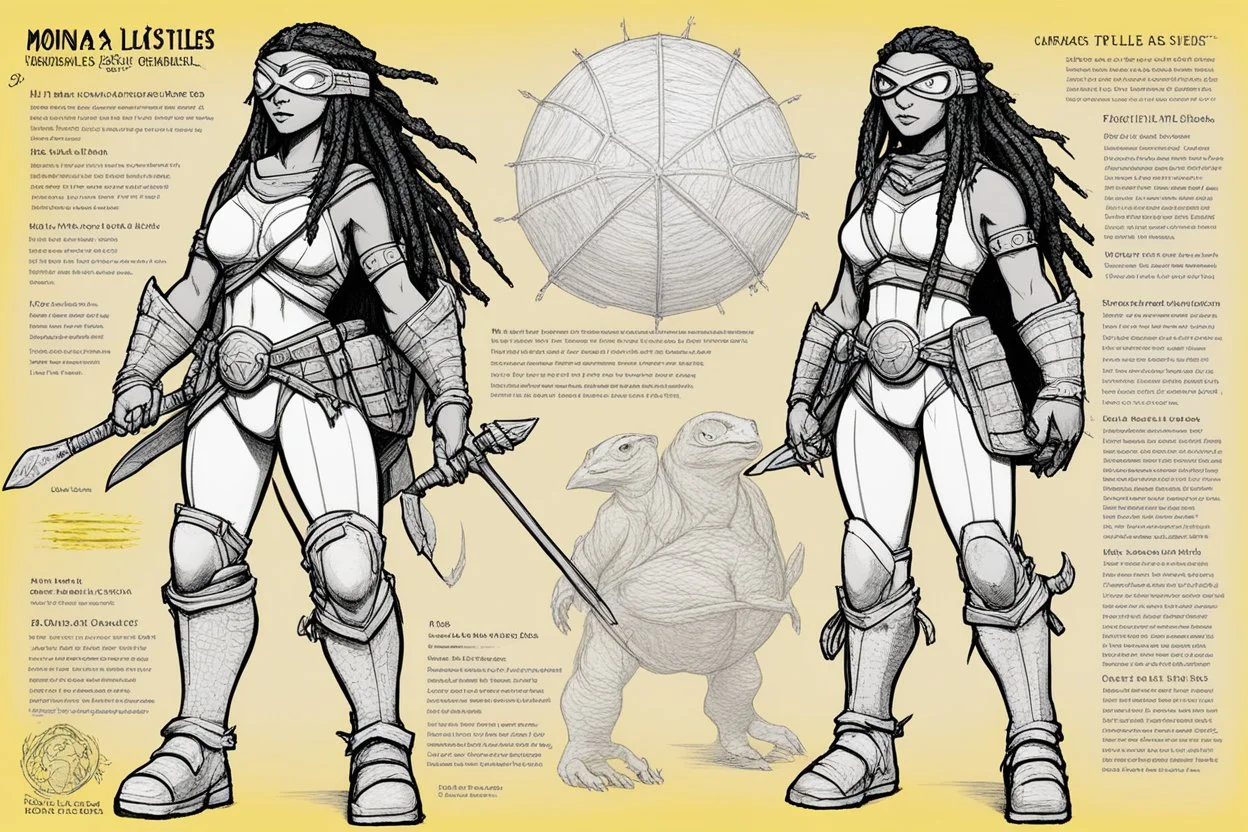 character concept sheet with AD&D statistics and characteristics, [high res pen sketch with a lot of strokes in stippling for TMNT module B3] Mona Lisa female Teenage Mutant Ninja Turtle, She has turtle skin partially made of scales, dreadlocks, and wears a yellow bra and a yellow eye mask. A protective shell is on her back, and she holds her bolas.