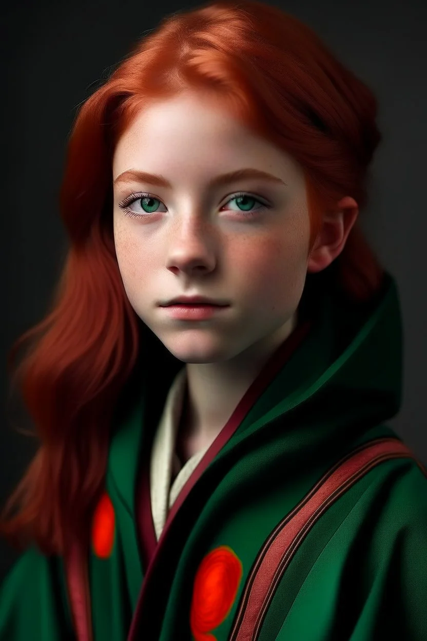 A girl with red hair and green eyes and she is wearing a Hogwarts robe