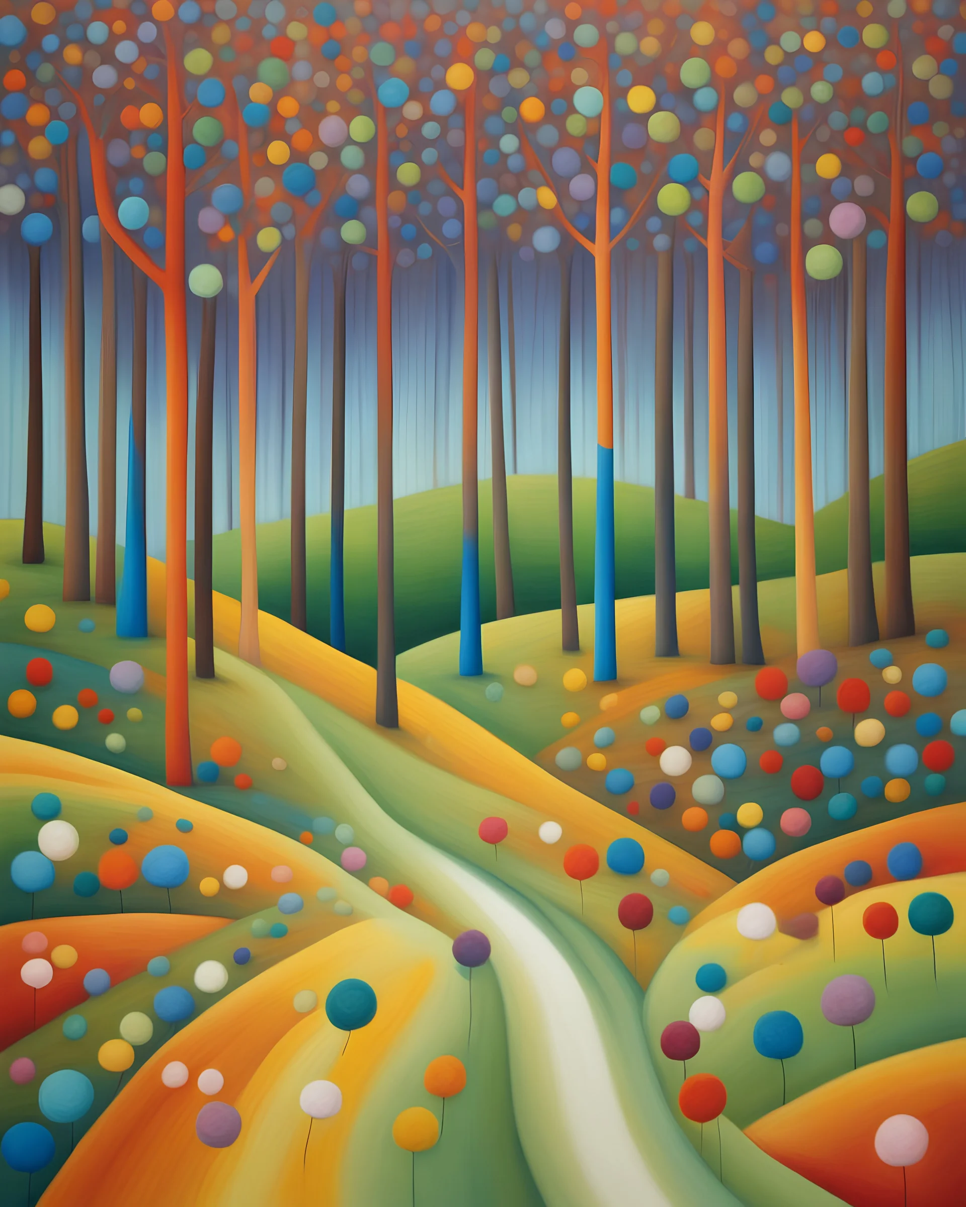 a whimsical multicolor forrest line, on the horizon, by Iwona Lifsches