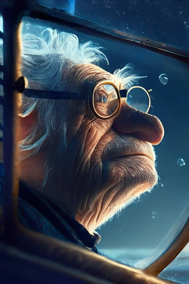 grandpa hog, with background star field seen in the window of a boat, 4 k, trending art, depth of field, in the style of gorillaz