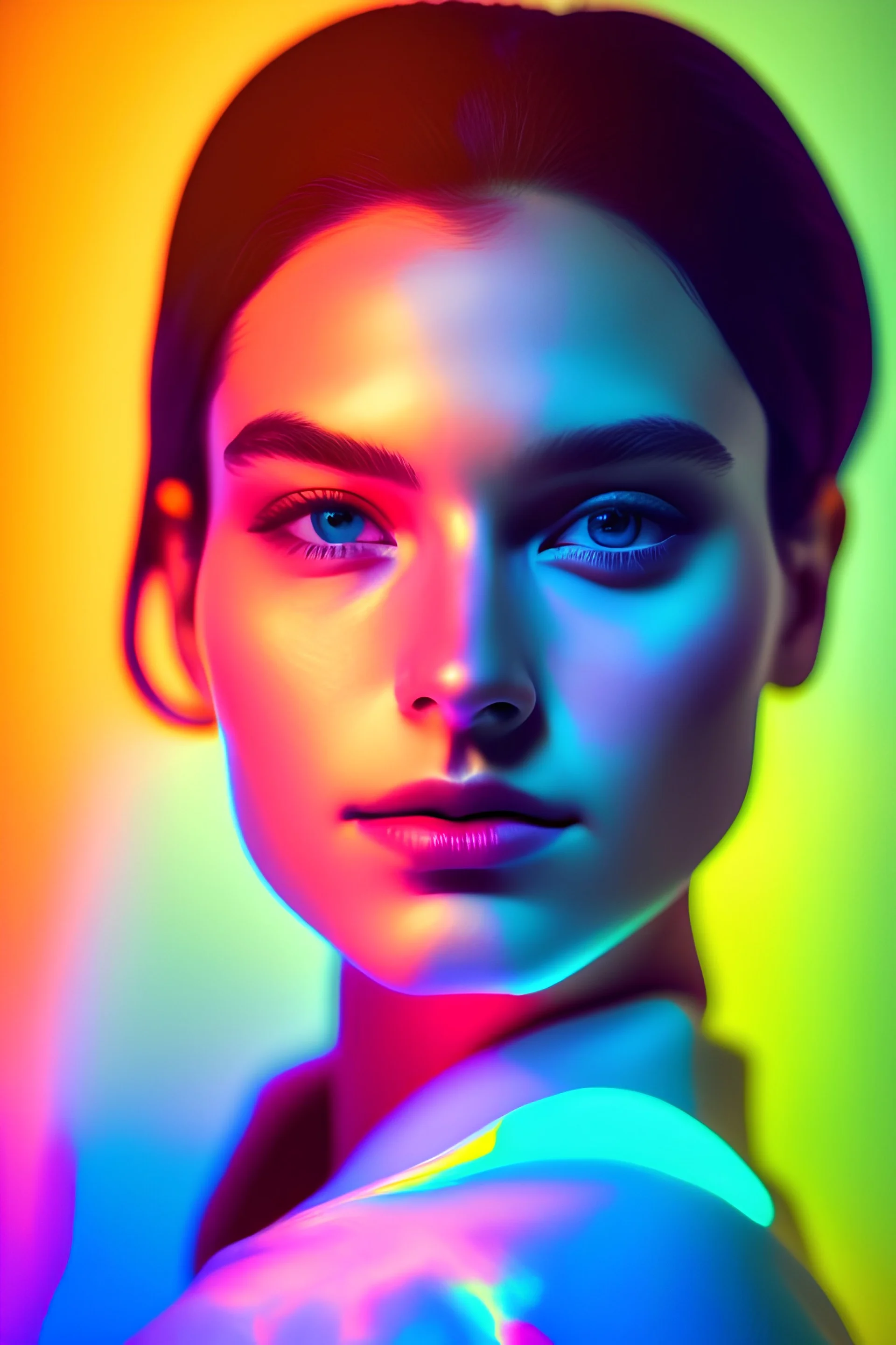 a dynamic photograph of a 25 year old woman , iluminated by colored light in front of a plain color background, volumetric lighting, iridescent, captivating gaze, beautiful composition in sharp focus, shot on Leica M10, coverart, vibrant lighting , Hyper realistic, sharpen focus