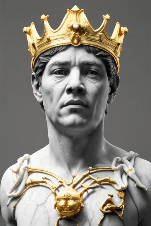 Ultra Realistic image, classic sculpture, white marble material, Maradona, gold crown of natural thorns, god crown, gold veins, gold ornaments, sun rays background, waist up portrait, epic, celestial, cinematic lighting, God lights, 4k resolution, smooth details, soft lighting, unreal engine 5, art station, substance 3d.