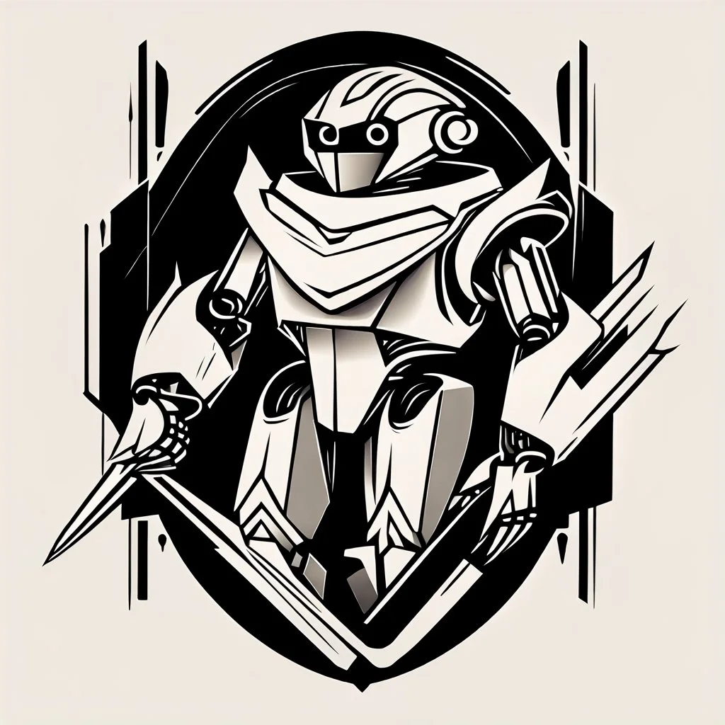 A sleek logo of a robot holding a quill featuring a modern abstract design, monochrome style, contemporary aesthetic, transparent background