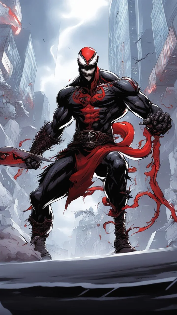 Venom symbiote with kratos Beard and red tattoos and Clothes, holding blade of choice