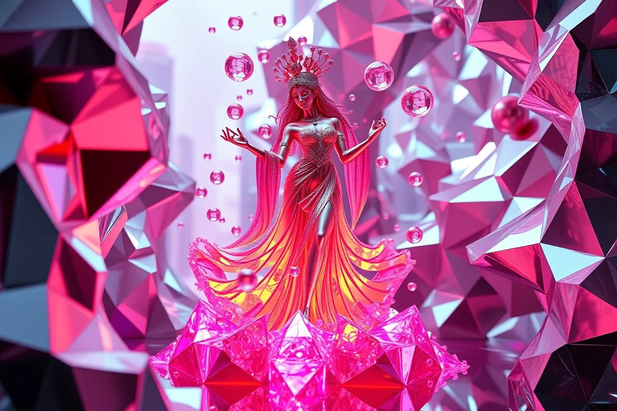 very complex 3d structure ,pretty viberating color environment 3d metalic and crystal recursive evolving and animating beveled geometric base very complex CIFY structure emiting bubbles that broke, goddess of love in a pretty modern dress comes out dancing fast hip hop, viberating color moving very in modern city escap environment while camera tracking it.write in down screen 3d animating"Made in Qwen By:J.Babakan"