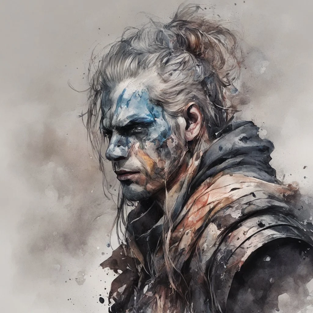 highly detailed, watercolor concept illustration of a Nordic rogue warrior character , maximalist, sharp focus, highest resolution, in the styles of Agnes Cecile, and Alex Pardee, 8k, coarse, gritty textures